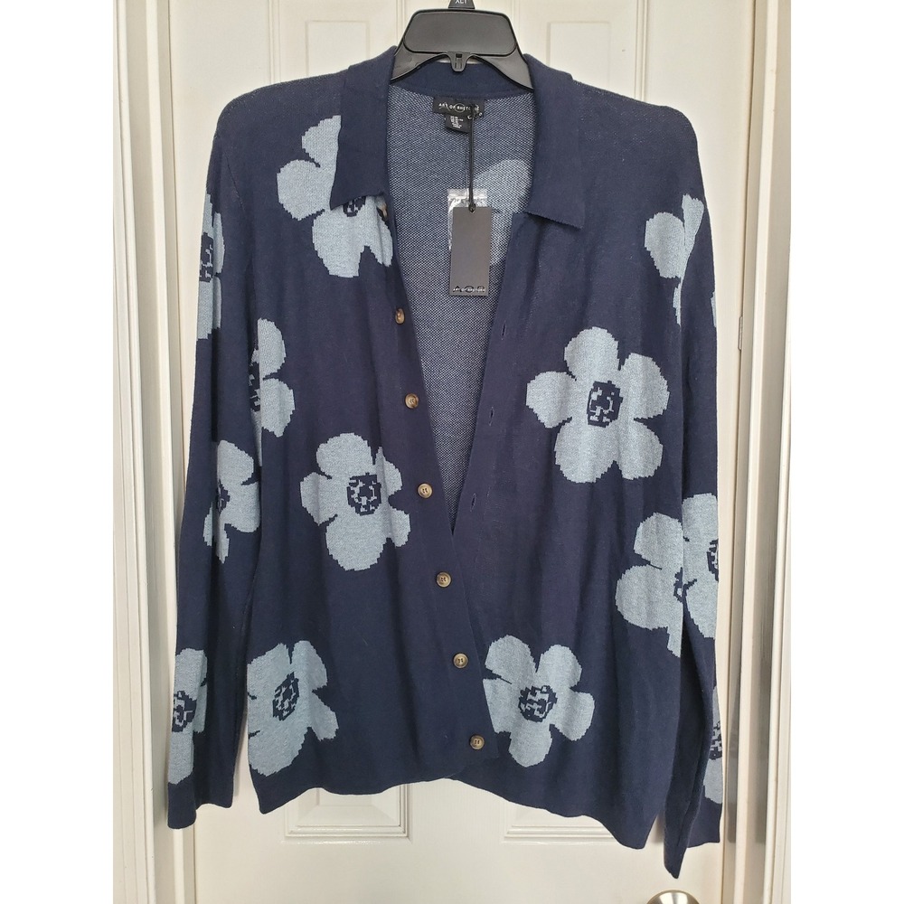 Art of Rhetoric Floral Cardigan Navy Blue Button Front Knit Sweater XL NWT